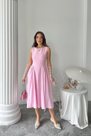 Pembe Yanları Büzgülü Midi Boy Keten Elbise - 4