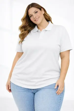 Pike Kumaş Düğmeli Yaka Battal Büyük Beden Günlük Kısa Kol Tişört T-shirt - Beyaz - 1