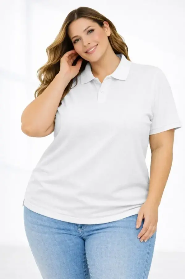 Pike Kumaş Düğmeli Yaka Battal Büyük Beden Günlük Kısa Kol Tişört T-shirt - Beyaz - 2