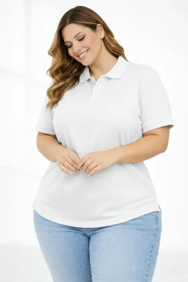 Pike Kumaş Düğmeli Yaka Battal Büyük Beden Günlük Kısa Kol Tişört T-shirt - Beyaz - 3