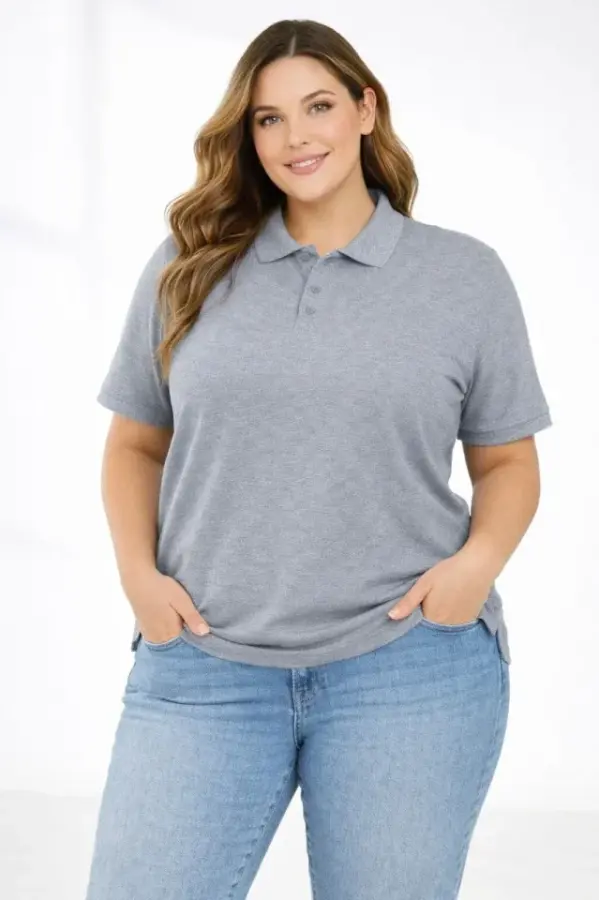 Pike Kumaş Düğmeli Yaka Battal Büyük Beden Günlük Kısa Kol Tişört T-shirt - Gri - 1