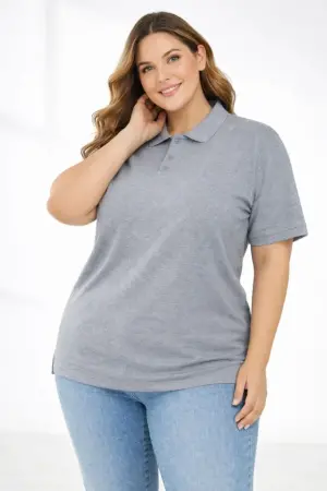 Pike Kumaş Düğmeli Yaka Battal Büyük Beden Günlük Kısa Kol Tişört T-shirt - Gri - ANGELINO BuyukBedeniz (1)