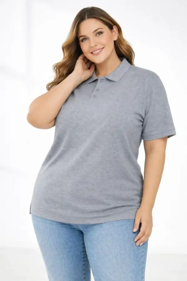 Pike Kumaş Düğmeli Yaka Battal Büyük Beden Günlük Kısa Kol Tişört T-shirt - Gri - 2