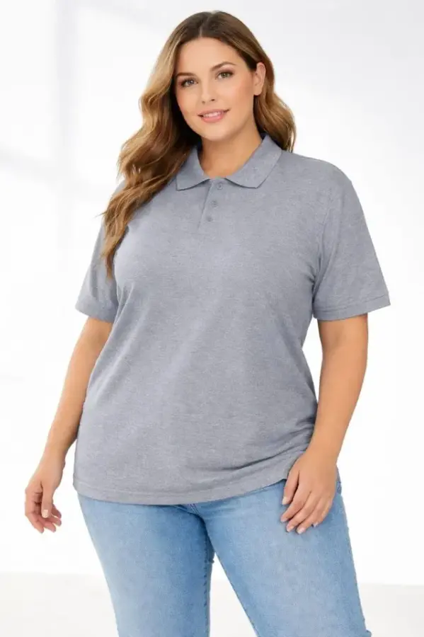 Pike Kumaş Düğmeli Yaka Battal Büyük Beden Günlük Kısa Kol Tişört T-shirt - Gri - 3