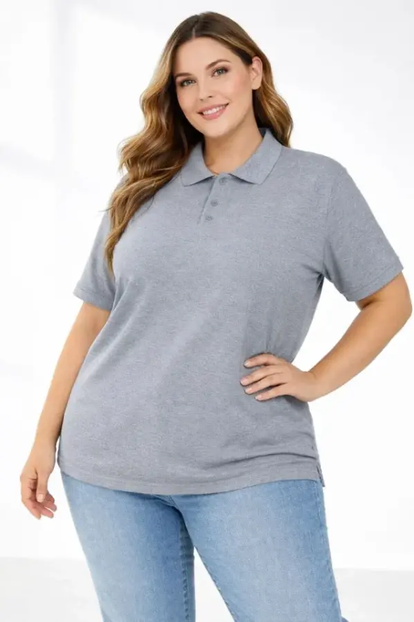 Pike Kumaş Düğmeli Yaka Battal Büyük Beden Günlük Kısa Kol Tişört T-shirt - Gri - 4