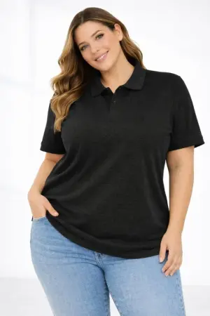 Pike Kumaş Düğmeli Yaka Battal Büyük Beden Günlük Kısa Kol Tişört T-shirt - Siyah - 1