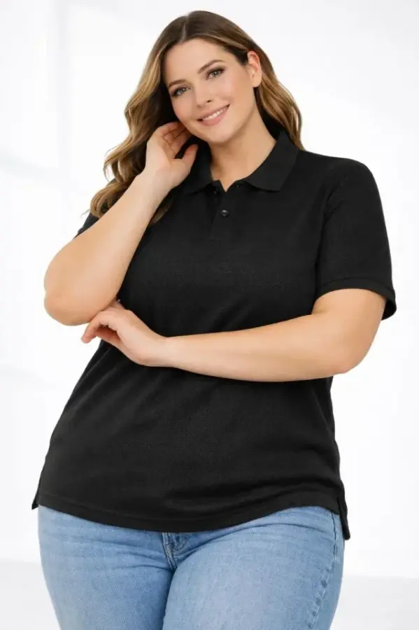 Pike Kumaş Düğmeli Yaka Battal Büyük Beden Günlük Kısa Kol Tişört T-shirt - Siyah - 2