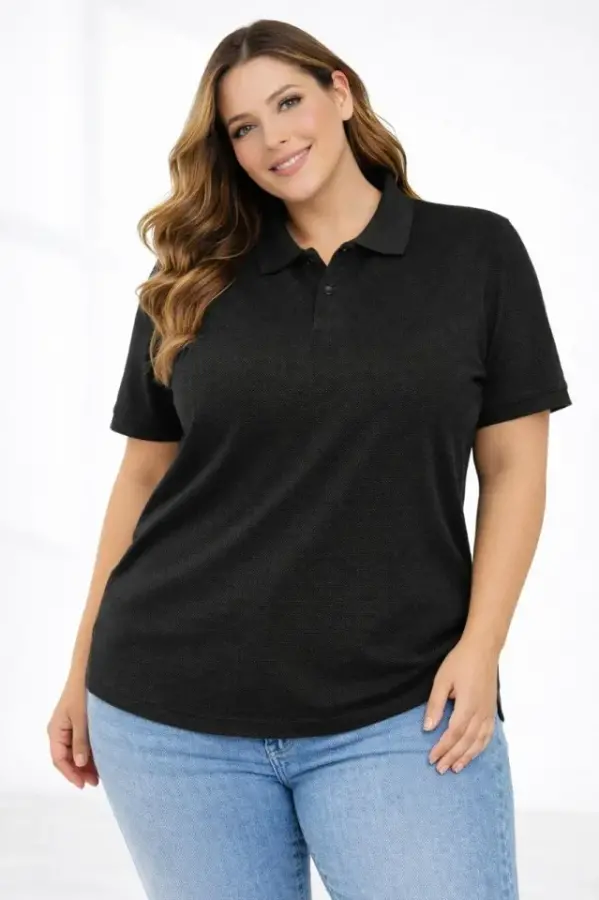 Pike Kumaş Düğmeli Yaka Battal Büyük Beden Günlük Kısa Kol Tişört T-shirt - Siyah - 3