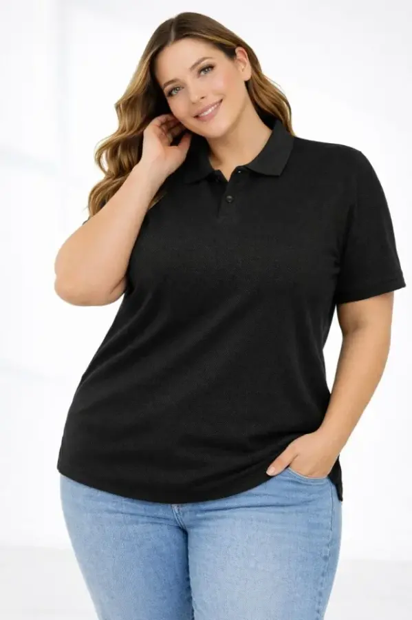 Pike Kumaş Düğmeli Yaka Battal Büyük Beden Günlük Kısa Kol Tişört T-shirt - Siyah - 4