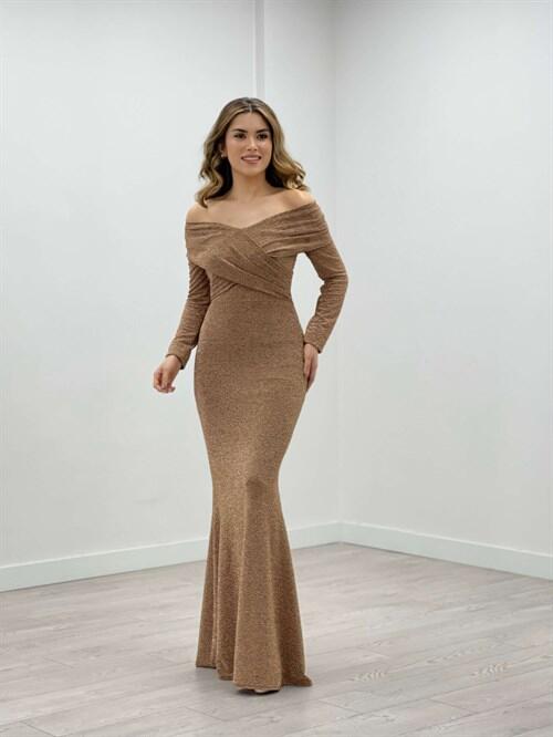 Pırıltı Kumaş Kayık Yaka Balık Elbise - GOLD - 2