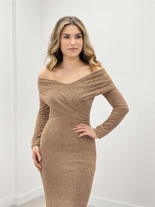 Pırıltı Kumaş Kayık Yaka Balık Elbise - GOLD - 3