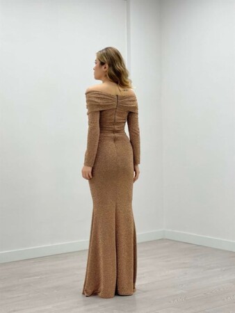 Pırıltı Kumaş Kayık Yaka Balık Elbise - GOLD - 5
