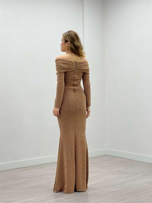 Pırıltı Kumaş Kayık Yaka Balık Elbise - GOLD - 5
