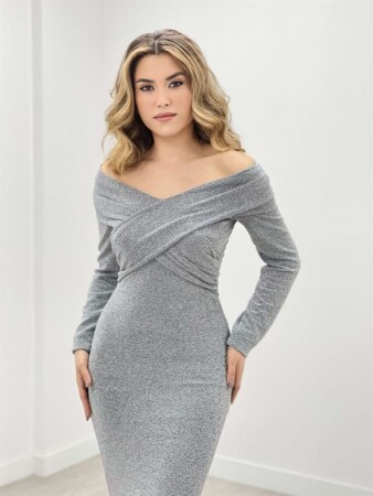 Pırıltı Kumaş Kayık Yaka Balık Elbise - GRİ - 4