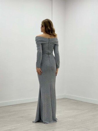 Pırıltı Kumaş Kayık Yaka Balık Elbise - GRİ - 5