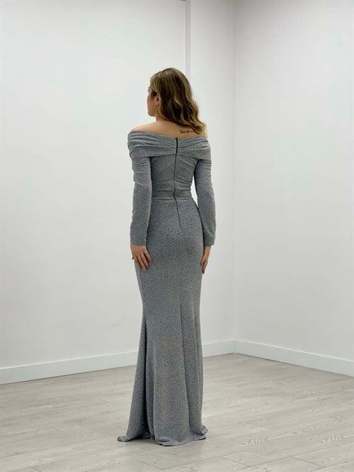 Pırıltı Kumaş Kayık Yaka Balık Elbise - GRİ - 5
