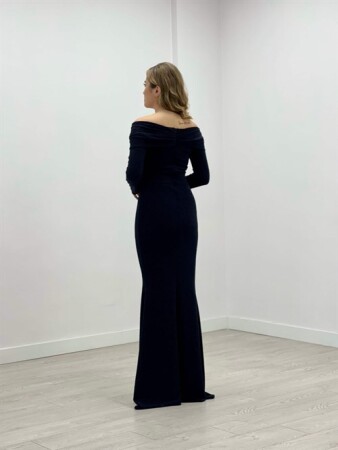 Pırıltı Kumaş Kayık Yaka Balık Elbise - SİYAH - 5