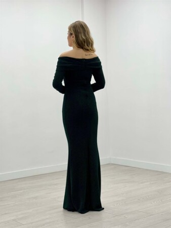 Pırıltı Kumaş Kayık Yaka Balık Elbise - ZÜMRÜT YEŞİL - 5