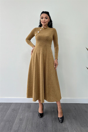 Pırıltılı Krep Kumaş Düğme Detaylı Midi Elbise - GOLD - Angelino Moda
