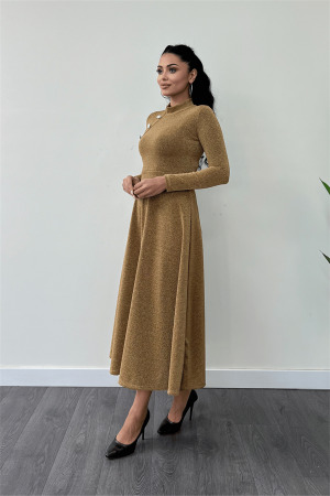 Pırıltılı Krep Kumaş Düğme Detaylı Midi Elbise - GOLD - Angelino Moda (1)
