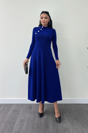 Pırıltılı Krep Kumaş Düğme Detaylı Midi Elbise - SAKS MAVİ - Angelino Moda