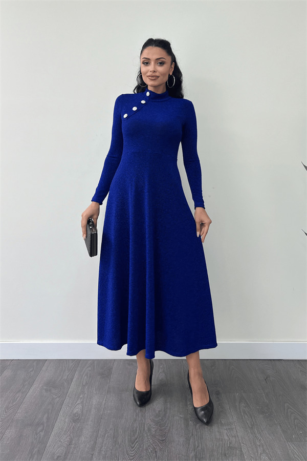 Pırıltılı Krep Kumaş Düğme Detaylı Midi Elbise - SAKS MAVİ - 1