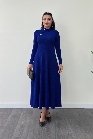 Pırıltılı Krep Kumaş Düğme Detaylı Midi Elbise - SAKS MAVİ - Angelino Moda (1)