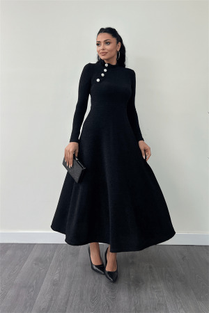Pırıltılı Krep Kumaş Düğme Detaylı Midi Elbise - SİYAH - Angelino Moda (1)