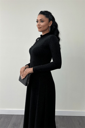 Pırıltılı Krep Kumaş Düğme Detaylı Midi Elbise - SİYAH - 4