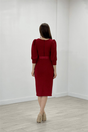 Pırıltılı Kumaş Kolları Balon Detaylı Kalem Elbise - KIRMIZI - 5