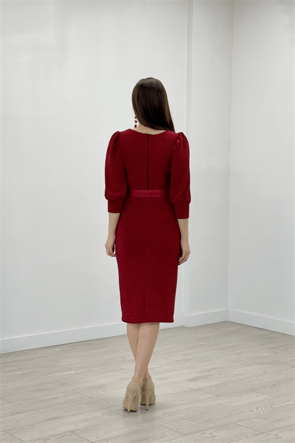 Pırıltılı Kumaş Kolları Balon Detaylı Kalem Elbise - KIRMIZI - 5