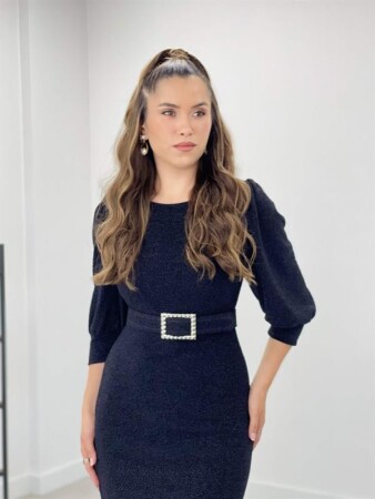 Shimmering Fabric Sleeves Balloon Detailed Pencil Dress - BLACK - Angelino Moda (1)