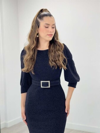 Pırıltılı Kumaş Kolları Balon Detaylı Kalem Elbise - SİYAH - 3