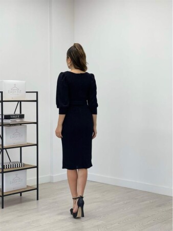 Pırıltılı Kumaş Kolları Balon Detaylı Kalem Elbise - SİYAH - 4