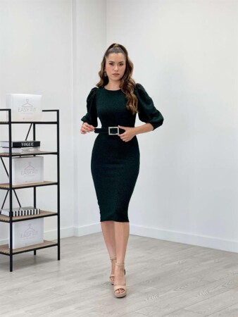 Glittering Fabric Sleeves Balloon Detailed Pencil Dress - EMERALD GREEN - Angelino Moda (1)