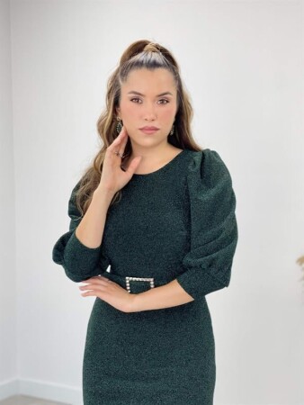 Pırıltılı Kumaş Kolları Balon Detaylı Kalem Elbise - ZÜMRÜT YEŞİL - 3