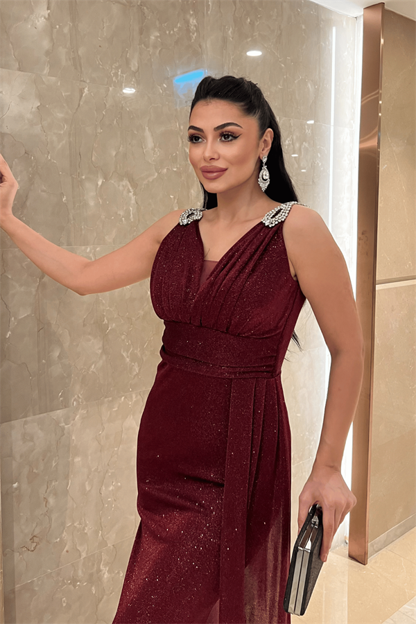 Pırıltılı Kumaş Taş Detaylı Abiye Elbise - BORDO - 4