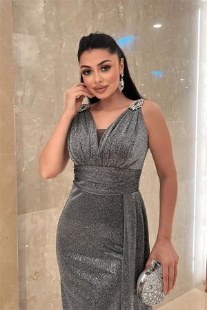 Pırıltılı Kumaş Taş Detaylı Abiye Elbise - GÜMÜŞ - 3