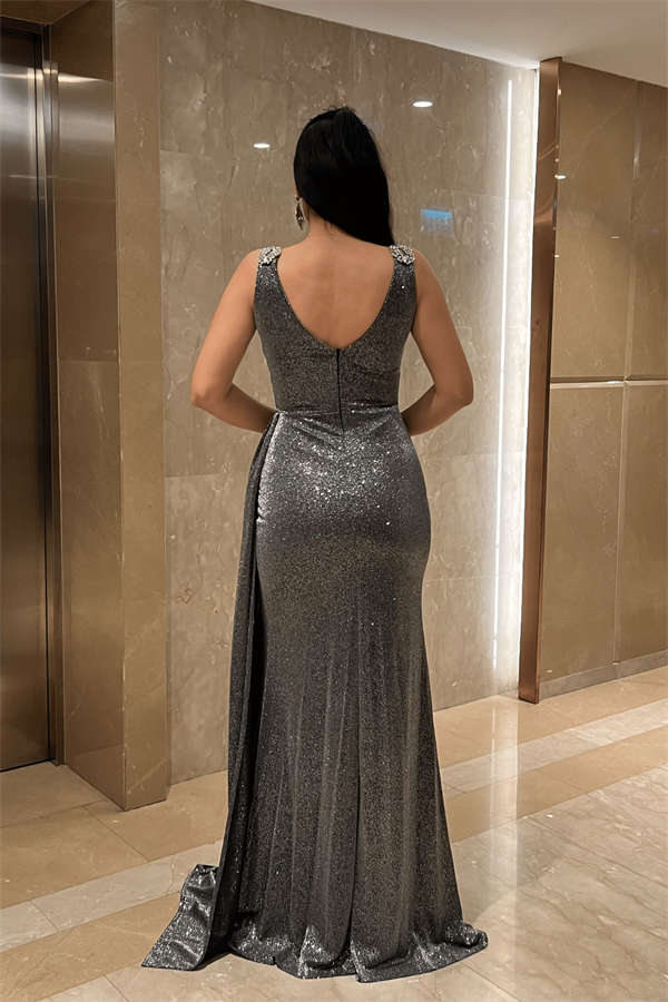 Pırıltılı Kumaş Taş Detaylı Abiye Elbise - GÜMÜŞ - 5