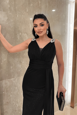 Pırıltılı Kumaş Taş Detaylı Abiye Elbise - SİYAH - 3