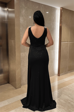 Pırıltılı Kumaş Taş Detaylı Abiye Elbise - SİYAH - 5