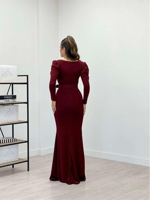 Pırıltılı Kumaş V Yaka Balık Elbise - BORDO - 5