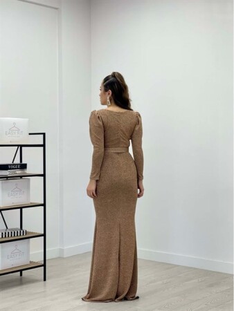 Pırıltılı Kumaş V Yaka Balık Elbise - GOLD - 5