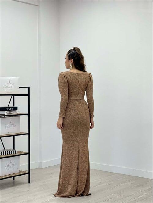 Pırıltılı Kumaş V Yaka Balık Elbise - GOLD - 5