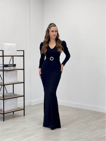 Shimmering Fabric V Neck Fish Dress - BLACK - Angelino Moda (1)