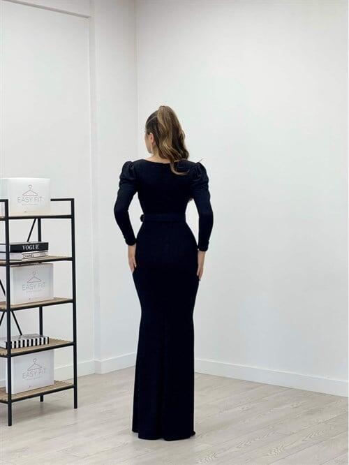 Pırıltılı Kumaş V Yaka Balık Elbise - SİYAH - 5