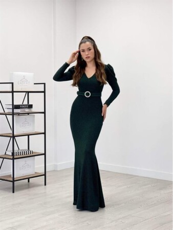 Glittering Fabric V Neck Fish Dress - EMERALD GREEN - Angelino Moda