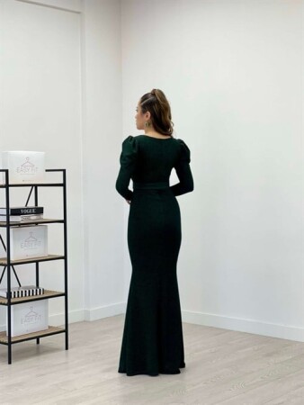 Pırıltılı Kumaş V Yaka Balık Elbise - ZÜMRÜT YEŞİL - 5