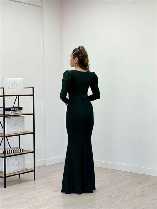 Pırıltılı Kumaş V Yaka Balık Elbise - ZÜMRÜT YEŞİL - 5