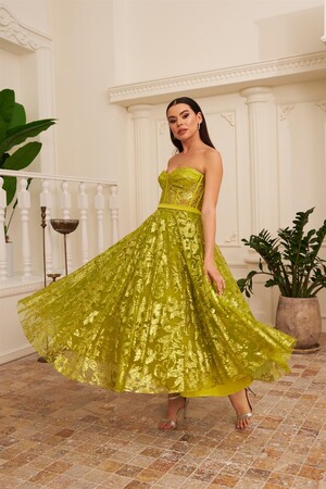 Pistachio Green Tulle Glitter Midi Engagement and Promise Dress - 1